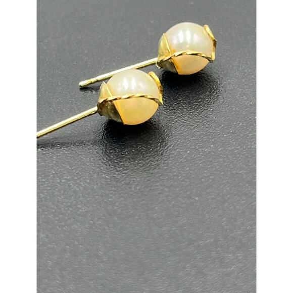 14K Yellow Gold Caged Wrapped 6mm Cream Prong Set Pearl Stud Earrings - Picture 7 of 10